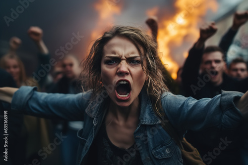 Protest, strike, rally, riots concept. Screaming aggressive woman against background of crowd of angry people with fire on street