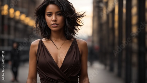 A woman in a brown dress walking down a street
