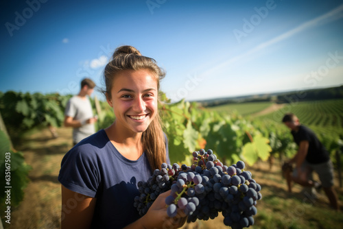 teenagers have fun harvesting grapes in the south of France, summer job