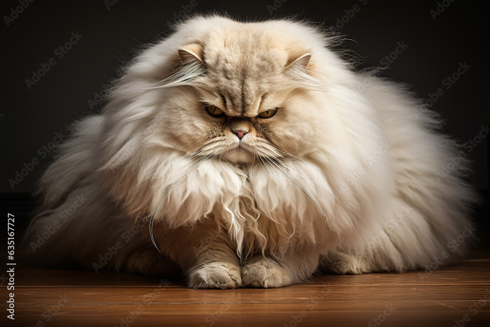 Portrait of a fat furry cat with an angry expression