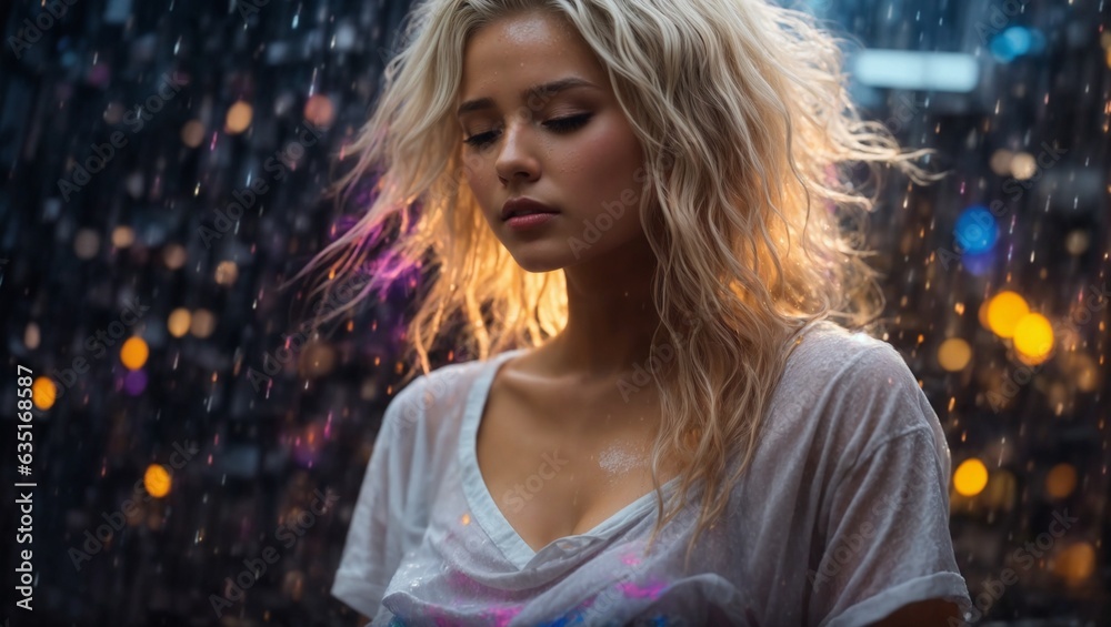A woman standing in the rain with wind-blown hair A woman standing in the rain with wind-blown hair