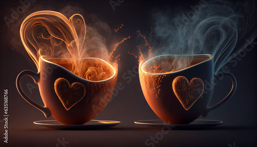 Cups of tea or coffee with steam in two heart shape, Ai generated image