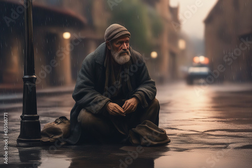 An old homeless grandfather sits on the ground in the wet street.
