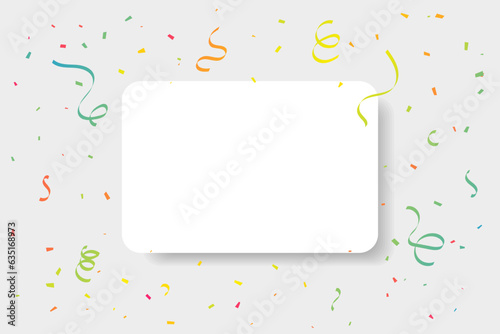 Colorful Tiny Confetti And White Frame With Streamer Ribbon Falling On White Background. Vector