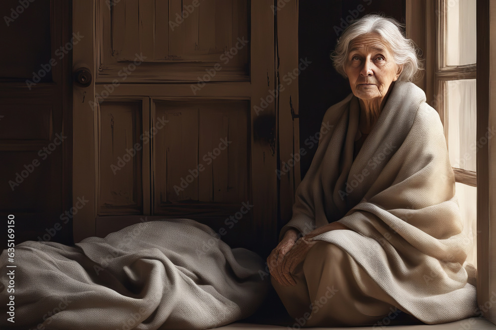 An old grandmother in an old cape sits near a sleeping spot on the floor in her house. An old grandmother in an old cape sits near a sleeping spot on the floor in her house.