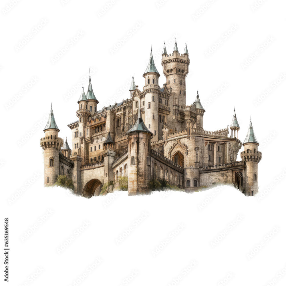 a castle with round turrets in a Medieval-themed, photorealistic illustration in a PNG, cutout, and isolated. generative ai