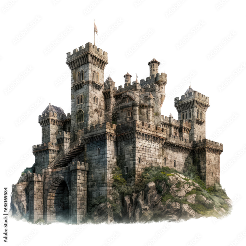 a castle with square turrets in a Medieval-themed, photorealistic illustration in a PNG, cutout, and isolated. generative ai