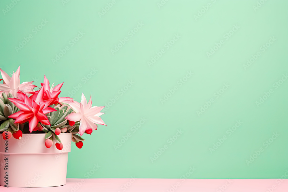 Christmas cactus on a pastel background, Christmas banner, copy space Christmas cactus on a pastel background, Christmas banner, copy space