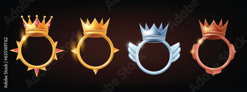 Game avatar frame set, vector UI golden fantasy circle border kit, reward winner round ring, crown. Metal ranking asset collection, RPG menu award user empty rim, victory emblem. Menu avatar frame