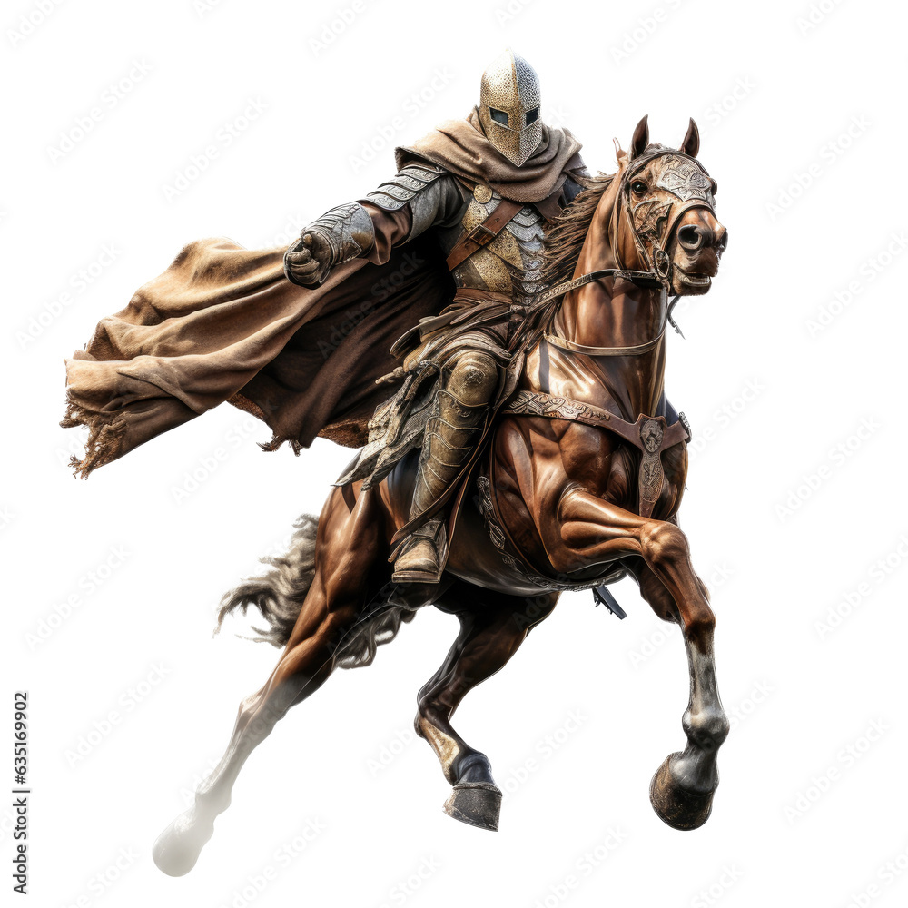 a Knight in armor on a sorrel rust-colored horse in motion in a Medieval-themed, photorealistic illustration in a PNG, cutout, and isolated. generative ai a Knight in armor on a sorrel rust-colored horse in motion in a Medieval-themed, photorealistic illustration in a PNG, cutout, and isolated. generative ai