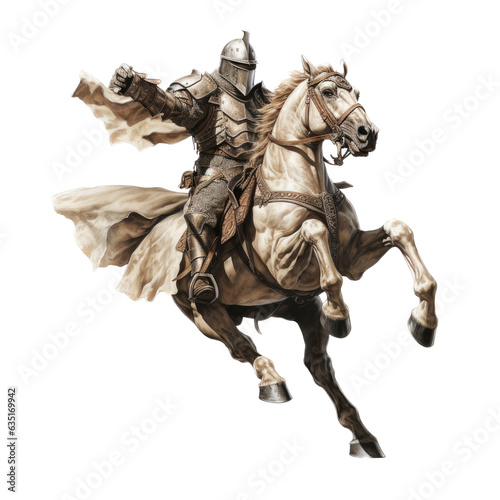 a Knight on a horse with sword 3 4 view in an isolated and transparent PNG in a Medieval-themed  photorealistic illustration. Generative ai