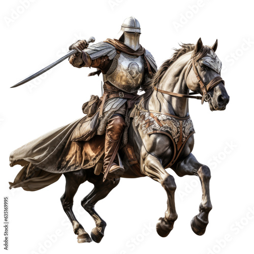 a Knight on a horse with sword 3/4 view in an isolated and transparent PNG in a Medieval-themed, photorealistic illustration. Generative ai
