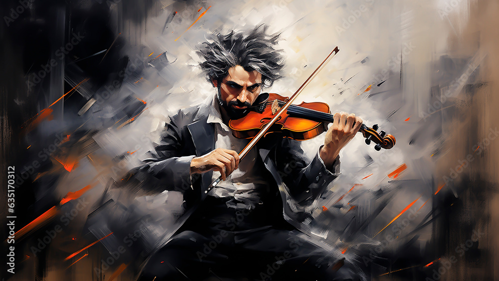 Fototapeta premium Artistic Illustration of Male Violinist in Action, Grunge Backdrop. Classical Music, Melodic Symphony.