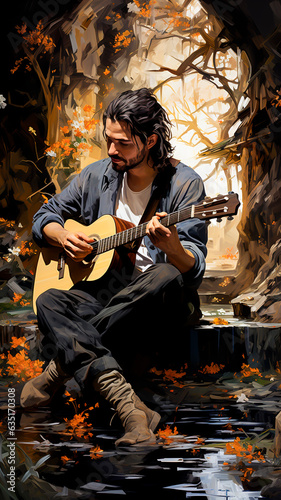 Musician playing the guitar in the forest. Oil painting style.