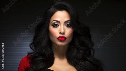 Beautiful young woman, with long black hair and red lip gloss. Generative AI