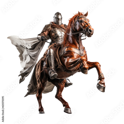 a Knight in armor on a sorrel rust-colored horse in motion in a Medieval-themed, photorealistic illustration in a PNG, cutout, and isolated. generative ai © Purple Penguin GFX