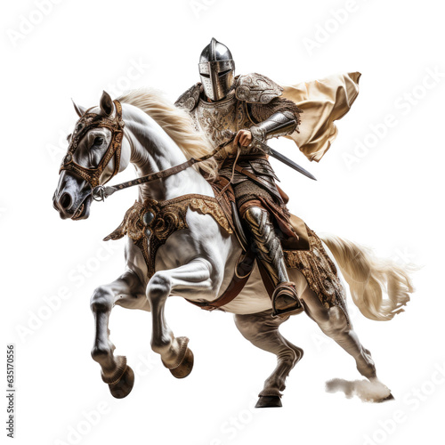 a Knight on a horse with sword 3/4 view in an isolated and transparent PNG in a Medieval-themed, photorealistic illustration. Generative ai