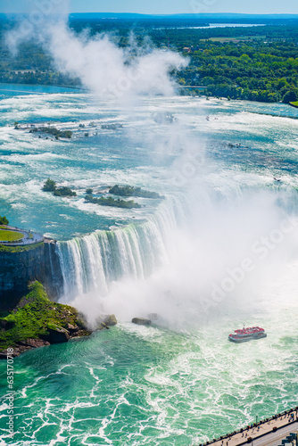 Horseshoe Fall, Niagara Gorge and boat in mist, Niagara Falls, Ontario, Canada. High quality photo