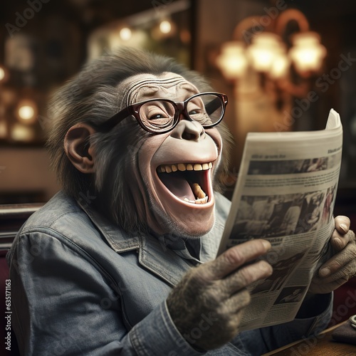 Fotobehang A joyful, cheerful Monkey in a jacket and glasses is reading a newspaper