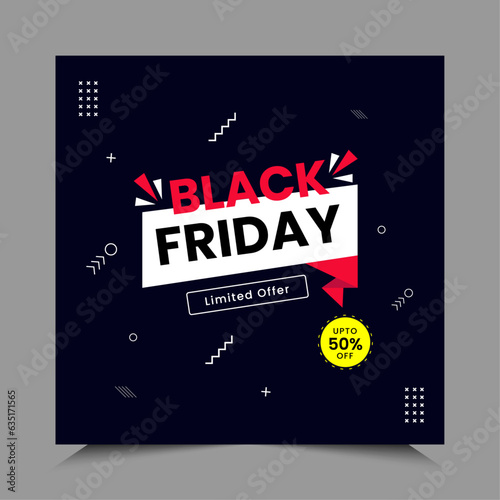 Black Friday Sale Square Banner Template for social media posts. Website poster design Advertising, promotional banner, mobile apps, banners design, web or internet ads. Vector illustration.
