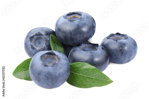 Many fresh ripe blueberries and leaves isolated on white