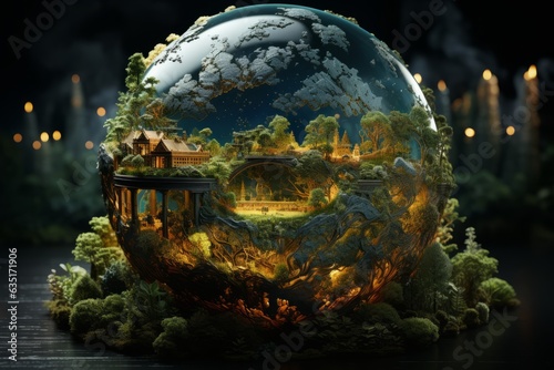 Global Ecology Globe Round Concept Visualization: Earth's Planet and Environmental Sustainability in an Interconnected Ecosystem of Nature Conservation, Green Climate Change, Biodiversity Eco-Friendly