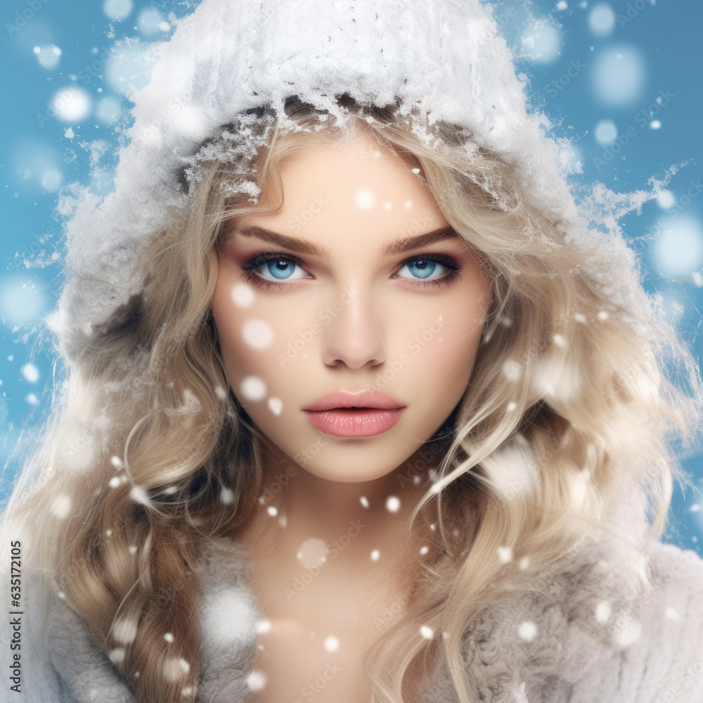 Illustrated portrait of a beautiful, attractive ice snow queen from imagination and dreams. Blonde young woman with white soft snow in the background. Generative AI