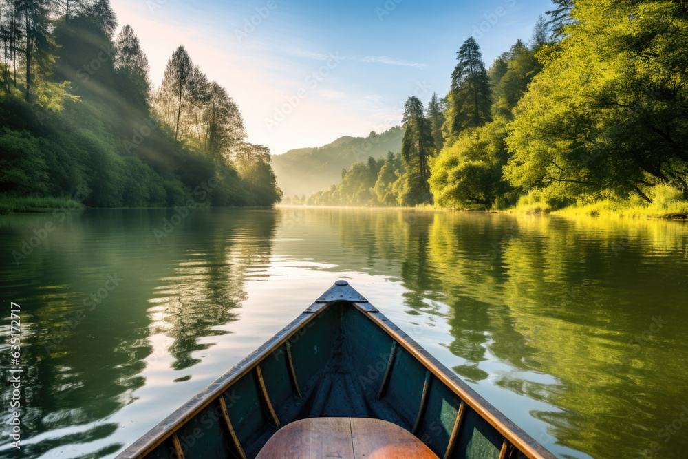 A canoe on a river with a beautiful landscape in the background. The canoe is wooden and has a pointed front