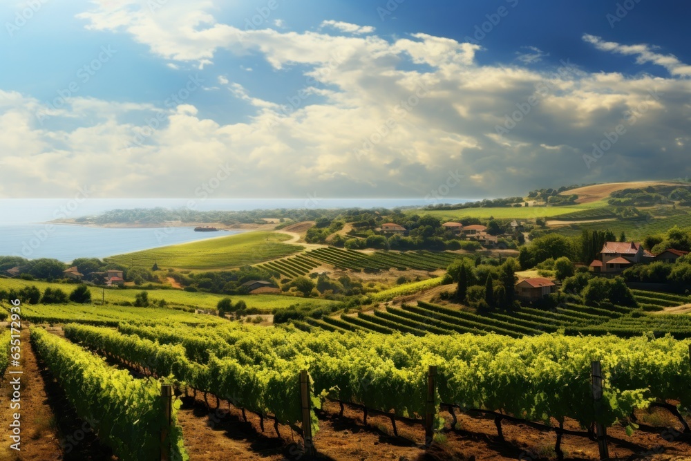 Fototapeta premium Vineyard's Seasonal Overture: Hyper-Realistic Harvest Scene, Laden Grapevines, Picking Labor, and Serene Homestead 