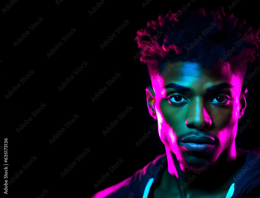 Fashion Concept. Closeup portrait of stunning handsome man in neon fluorescent light. illuminated with dynamic composition and dramatic lighting. mysterious, advertisement, magazine, copy text space