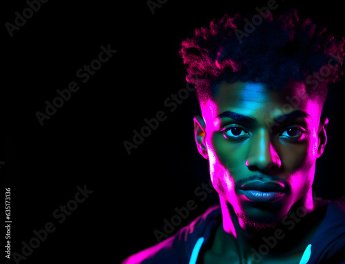 Fashion Concept. Closeup portrait of stunning handsome man in neon fluorescent light. illuminated with dynamic composition and dramatic lighting. mysterious, advertisement, magazine, copy text space © Sandra Chia