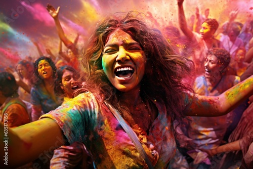 Chromatic Holi Bliss: Hyper-Realistic Image of Indian Color Festival, People Celebrating with Colored Powders, Dancing to Music, Burst of Vibrant Hues 