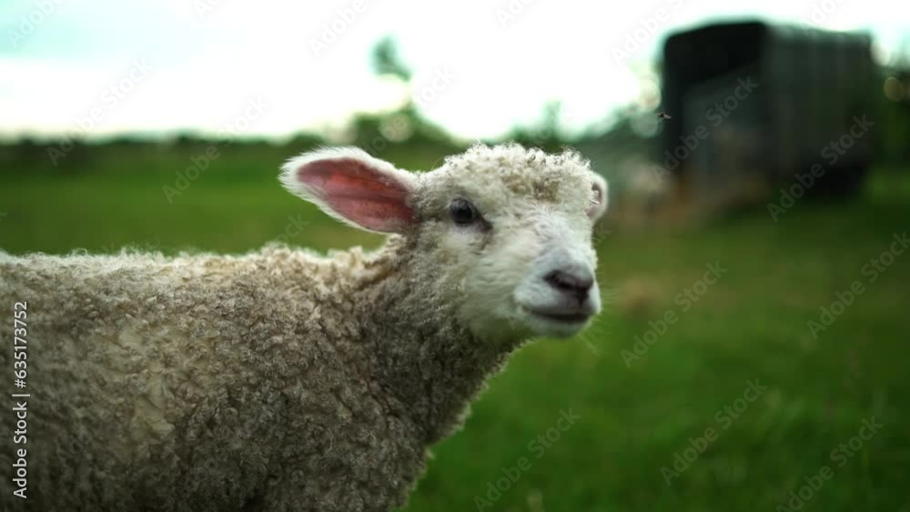 Cute lamb turns and looks at camera Cute lamb turns and looks at camera