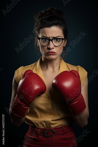 Young office lady wearing box gloves nervous but ready to fight on blurred background, concept of finding jobs and female workloads.