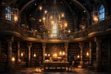 Relics of Knowledge: Hyper-Realistic Scene of Ancient Library Interior, Towering Bookshelves, Grand Chandelier, Scholarly Ambiance
