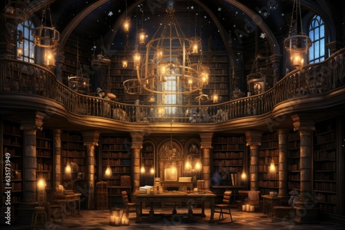 Relics of Knowledge  Hyper-Realistic Scene of Ancient Library Interior  Towering Bookshelves  Grand Chandelier  Scholarly Ambiance 
