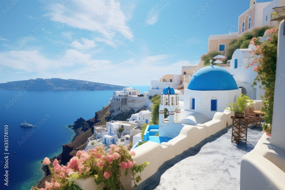 Greek Coastal Charm: Hyper-Realistic Scene, Summer Island Village with White-Washed Buildings, Blue-Domed Churches, Shimmering Aegean Sea
