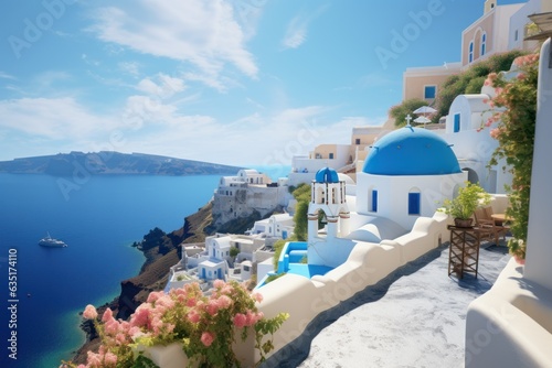 Greek Coastal Charm: Hyper-Realistic Scene, Summer Island Village with White-Washed Buildings, Blue-Domed Churches, Shimmering Aegean Sea 