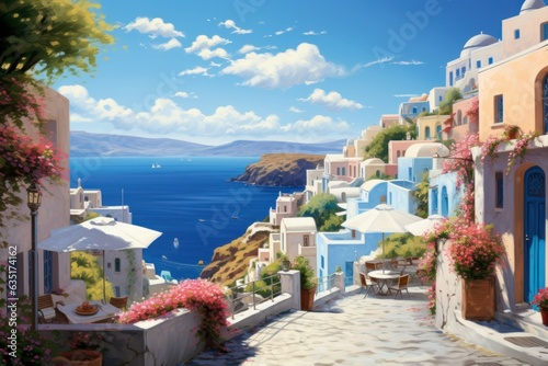 Hyper-Realistic Greek Summer: Scene of Serene Island Village, White-Washed Buildings, Blue-Domed Churches, Shimmering Aegean Sea 