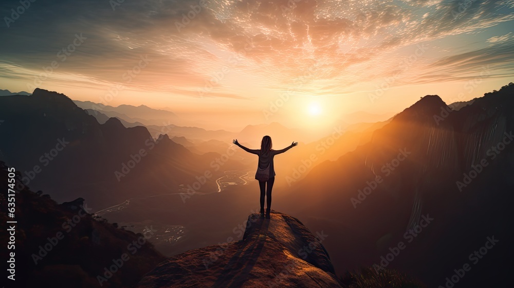 Silhouette of woman stand and feel happy on the most hight at the mountain on sunset, success, leader, teamwork, target, Aim, confident, achievement, goal, on plan, finish, generate by AI.