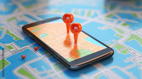 Fényképezés Smartphone with map, 3D Map pins, GPS, navigator pin checking points, 3D World M