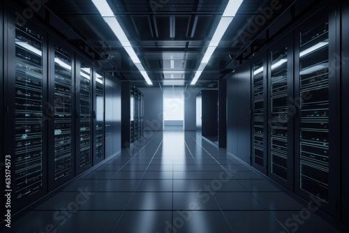 Rows of server racks in a large data center room, equipped with state-of-the-art hardware and software for efficient data processing. Is AI Generative.