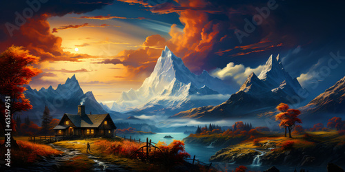 Beautiful mountains and a lake on the background of a colorful and bright sunset. Banner