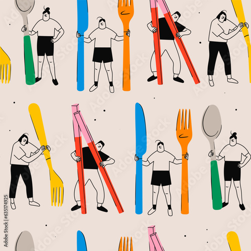 Tiny people with giant kitchen Utensils. Person holding fork, knife, spoon, chopsticks. Cute characters. Cartoon style. Hand drawn Vector illustration. Square seamless Pattern, background, wallpaper