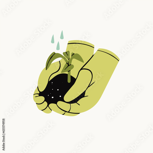 Hands with gloves holding seedling plant. Hand drawn Vector isolated illustration. Gardening, growth, horticulture, Earth Day concept. Poster, icon, logo, print, design template