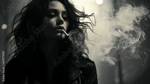 Black and white portrait of a woman in leather jacket with smoke around her