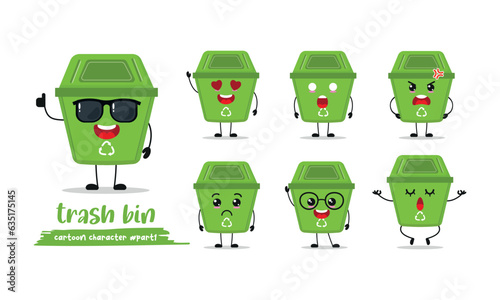 cute trash bin cartoon with many expressions. dustbin different activity pose vector illustration flat design set with sunglasses.