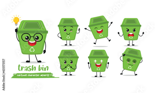 cute trash bin cartoon with many expressions. dustbin different activity pose vector illustration flat design set.