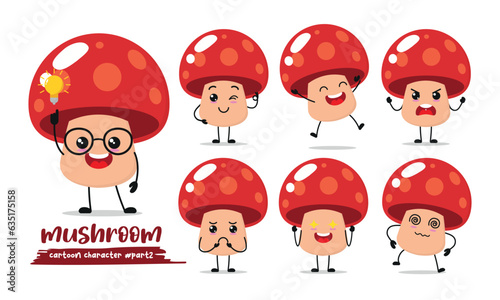 cute mushroom cartoon with many expressions. fungi different activity pose vector illustration flat design set.