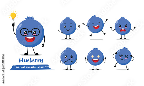 cute blueberry cartoon with many expressions. fruit different activity pose vector illustration flat design set.